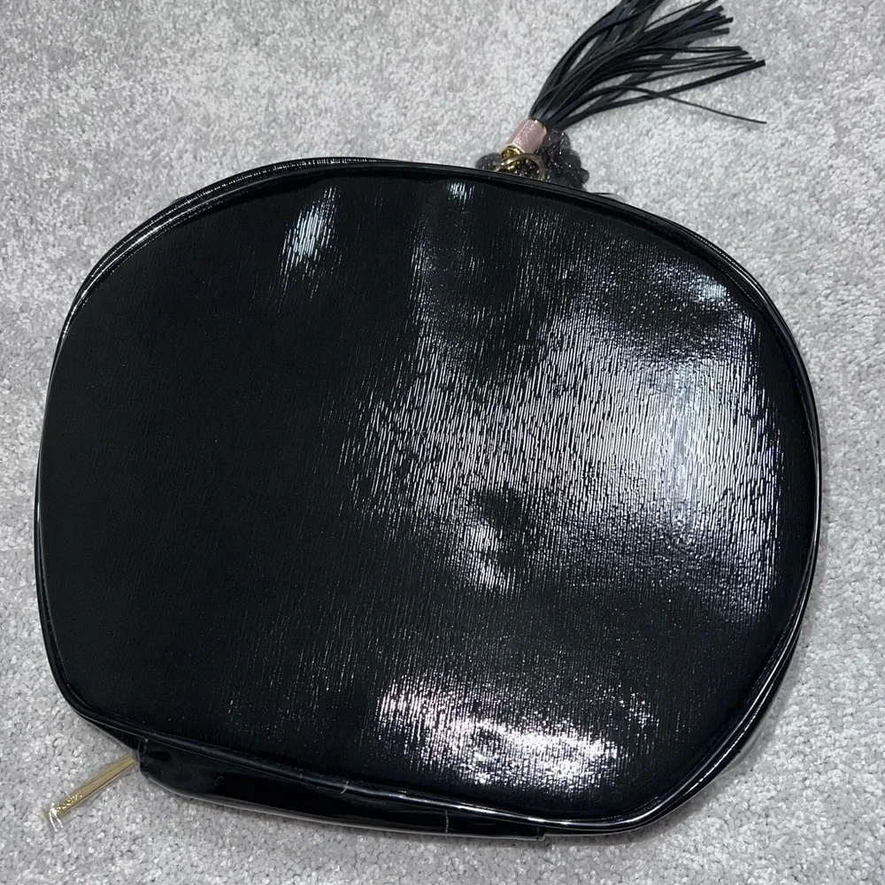 Lancome Makeup Toiletries X-Large Black Glossy Bag w Strap & Handle Rounded